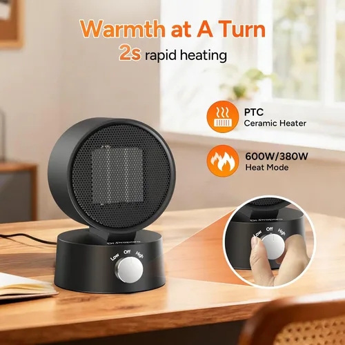 Vista 3 de DR.PREPARE Calentador de Espacio Pequeño para Uso Interior, Cerámica Eléctrica de 600W, Escritorio Portátil para Oficina y Dormitorio, Calentamiento