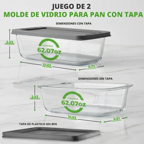 Vista 2 de NutriChef Juego de 4 moldes de vidrio para pan con tapas, apilables de 1.9 cuartos de galón / 62 onzas, 2 recipientes de almacenamiento de alimentos