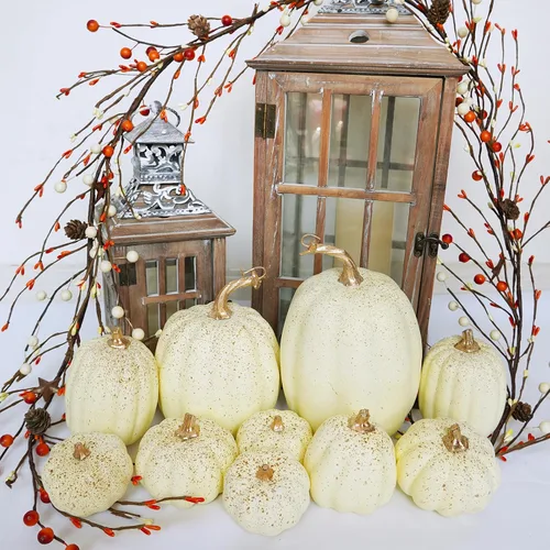 Vista 5 de Winlyn 10 calabazas artificiales surtidas de otoño (crema)