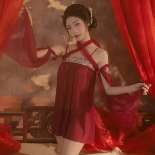 Vista 6 de Lencería sexy china transparente para mujer, vestido Hanfu bordado para mujer