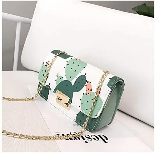 Vista 3 de Mellshy Bolsos cruzados con estampado de cactus lindo para mujer, bolso de hombro con cadena, Blanco