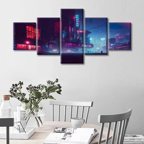 Vista 378 de Cuadros de 5 paneles de Cyberpunk City, arte de pared, representación de vallas publicitarias, edificios modernos en la capital con obras de arte