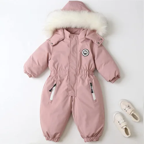 Vista 2 de Chaqueta de invierno gruesa con capucha para niños y niñas, traje de nieve para niños pequeños, pantalones cálidos a prueba de viento para niñas