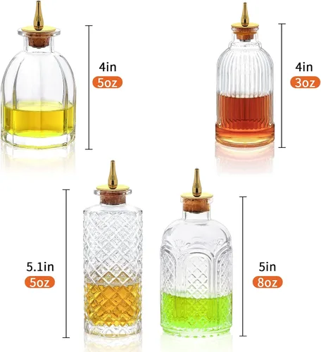 Vista 2 de Bitters Bottle for Cocktails Juego de 4 botellas de vidrio con tablero de salpicadero, ideal para camarero, bar en casa