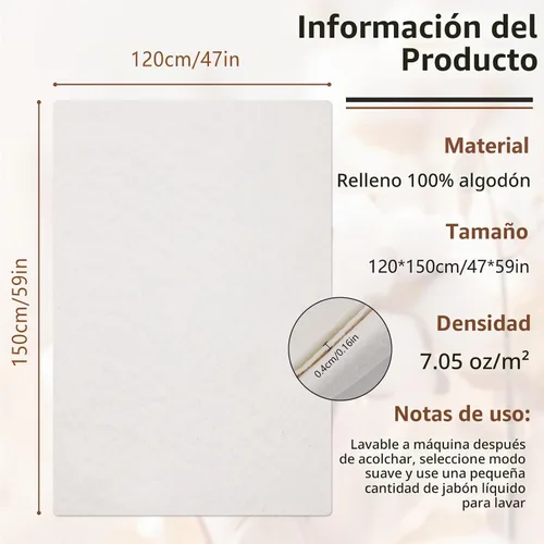 Vista 2 de Guata de Algodón Natural, Guata de Algodón para Acolchado, 47 x 59 Pulgadas Guata de Algodón Natural para Colchas, Peso Ligero Puramente Natural