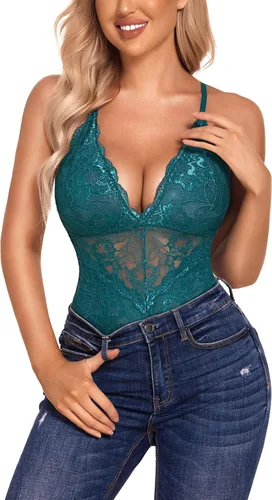 Vista 6 de Avidlove - Lencería para mujer, body con cierre a presión en la entrepierna, con encaje sexy en contraste, babydoll, una pieza, lencería tipo Teddy