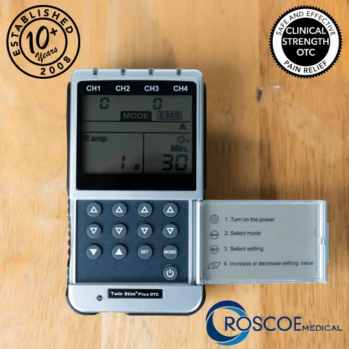 Vista 8 de Roscoe Medical Unidad TENS y estimulador muscular EMS, 16 electrodos incluidos, máquina TENS OTC de 4 canales para aliviar el dolor de espalda