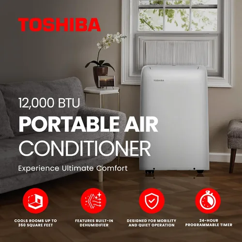 Vista 2 de Toshiba (renovado) 12,000 BTU (8,000 BTU DOE) Aire acondicionado portátil WiFi de 115 voltios con modo deshumidificador para hasta 350 pies cuadrados