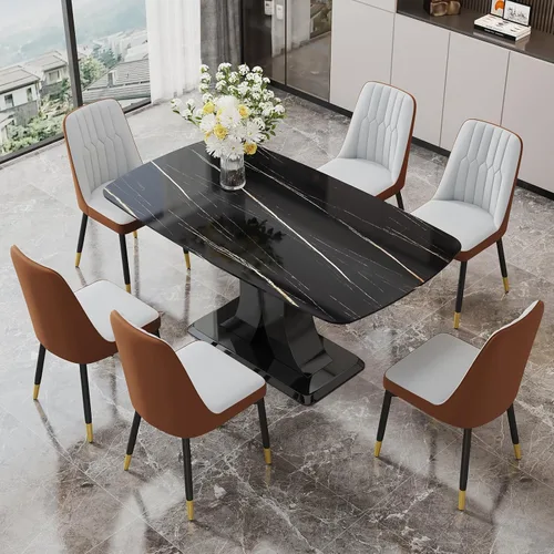 Vista 28 de Moderno juego de mesa de comedor para 4, mesa de vidrio de 63 pulgadas y base de MDF, mesa de comedor de mármol sintético negro con 4 sillas Mesa