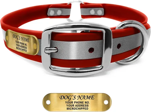 Vista 11 de Regal Dog Products Collar de perro reflectante negro pequeño con placa de nombre grabada personalizada y anillo central resistente Collares