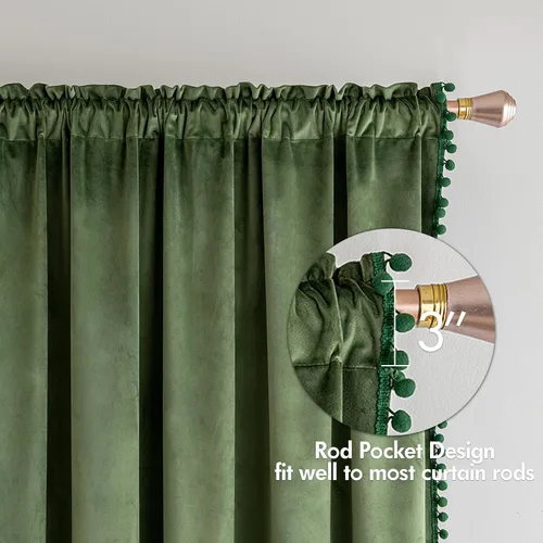 Vista 4 de MIULEE - Cortinas de terciopelo con pompón verde oliva para dormitorio/sala de estar, cortinas opacas de 84" de largo, con aislamiento térmico
