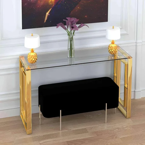 Vista 3 de Cortesi Home Laila Mesa consola de vidrio de acero inoxidable, 15.75 pulgadas de profundidad x 47 pulgadas de ancho x 30.5 pulgadas de alto, dorado