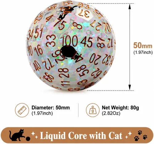 Vista 2 de DNDND Dados D100 de núcleo líquido de 1.969 in con patrón de gato integrado, arena movediza transparente de 100 lados, dados de percentil de resina