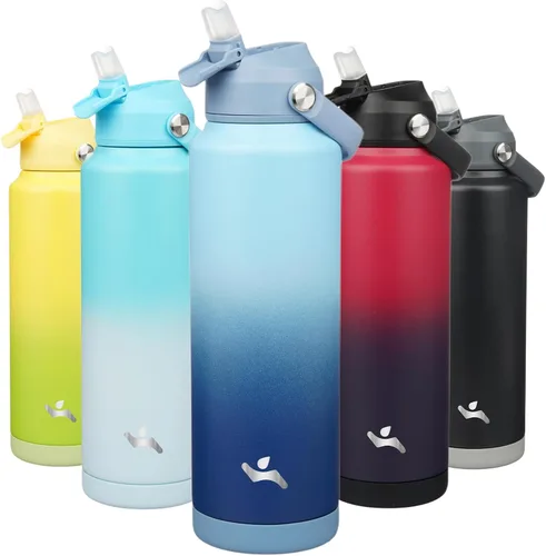 Vista 11 de Konokyo Botella de agua aislada con tapa de pajilla, botella de metal al vacío de acero inoxidable de 18 onzas con mango de silicona, color negro