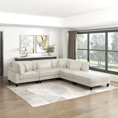 Vista 29 de Lexicon Sofá modular de 120 pulgadas, sofá modular de microfibra de gran tamaño de 4 plazas en forma de L, 6 almohadas decorativas y arreglo Beige