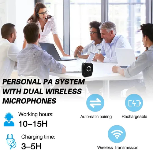 Vista 6 de Amplificador de voz con micrófonos profesionales duales, micrófono portátil inalámbrico de 25 W y sistema de altavoces, altavoz Bluetooth