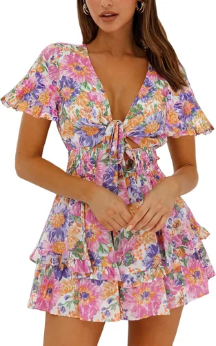 Vista 2 de Relipop Vestido floral de verano para mujer cuello en V lazo en el busto manga acampanada cintura elástica dobladillo con volantes vestidos casuales