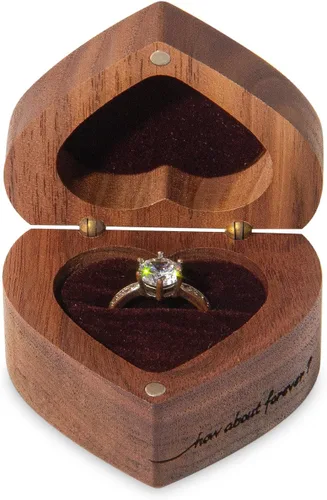 Vista 2 de Caja de anillo de compromiso delgada de madera en forma de corazón para propuesta, ceremonia de boda, regalo de cumpleaños