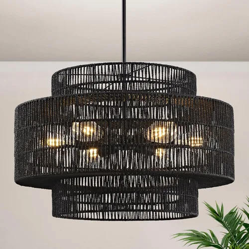 Vista 9 de 12.4” Candelabro de ratán boho, 1 luz, lámpara colgante tejida a mano, lámpara colgante rústica de estilo granja para isla de cocina, recámara