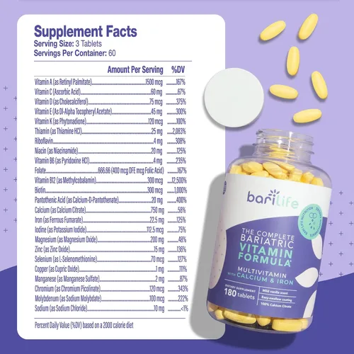 Vista 2 de Bari Life Completo multivitamínico bariátrico comprimido no masticable con citrato de calcio y hierro - 180 comprimidos/botella