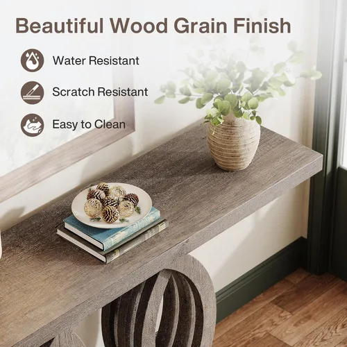 Vista 8 de Tribesigns Mesa consola de 55 pulgadas con base de madera geométrica, mesa de entrada moderna con mesa gruesa para sala de estar, pasillo, Marrón