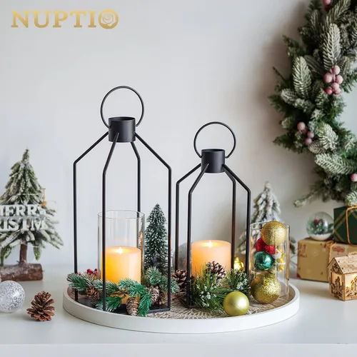 Vista 3 de NUPTIO - Farol decorativo para velas, linterna negra con cristal de huracán Negro