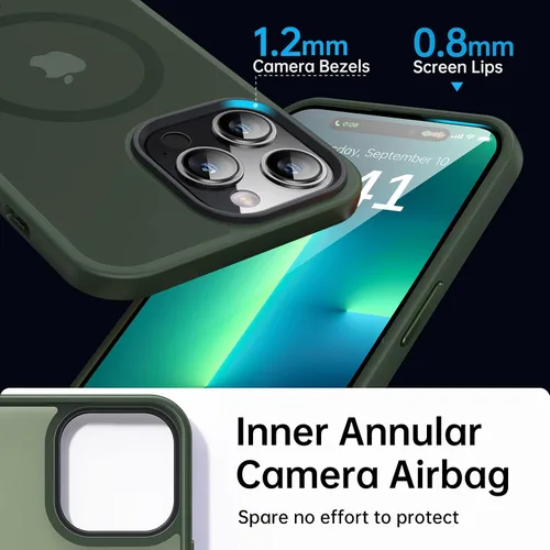Vista 4 de Funda magnética fuerte para iPhone 14 Pro Max [compatible con MagSafe] [protección de grado militar de 10 pies] a prueba de golpes, translúcida mate