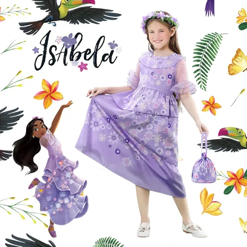 Vista 4 de Ainvliya Encanto Dress for Girls, Mirabel Isabella Encanto Costume, Halloween Cosplay Princess Dress Up With Bags Earrings