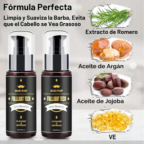 Vista 2 de FULLLIGHT TECH Kit de cuidado de barba para hombre, 2 unidades, champú de aceite de argán y aceites de jojoba, extracto de romero para un