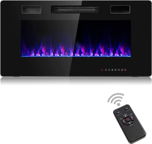 Vista 9 de Topment Chimenea eléctrica empotrada y montada en la pared con color y velocidad de llama ajustables, control remoto y táctil con temporizador, bajo