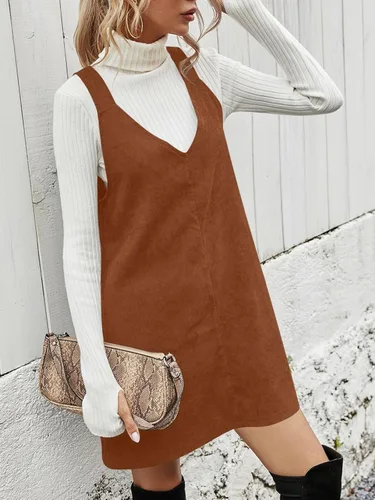 Vista 3 de Koinshha Vestido de pana de moda para mujer, con cuello en V, sin mangas, lindo vestido corto