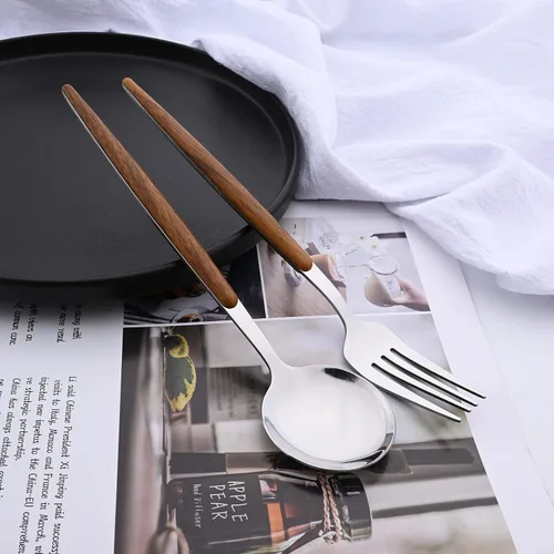 Vista 4 de Juego de cubiertos de acero inoxidable con mango de efecto de madera Cubiertos pulidos con espejo plateado, utensilios de cocina para el hogar