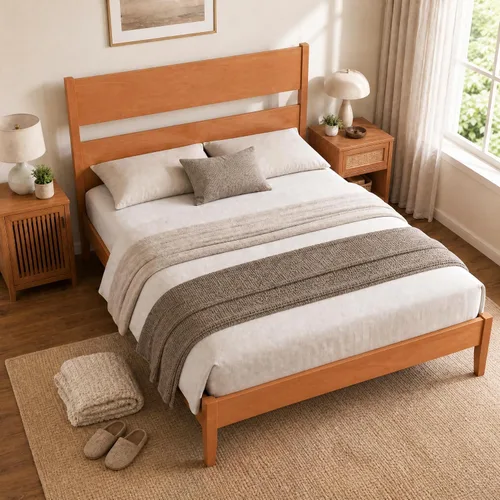 Vista 10 de KOMFOTT Twin Size Rubber Wood Bed Frame with Tall Headboard, Caramel Brown