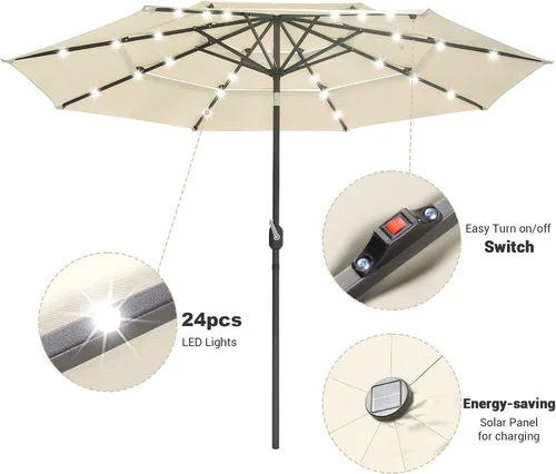 Vista 4 de Yescom Outdoor Solar Powered LED Patio Umbrella with Crank Tilt for Garden Backyard Deck Table Market Poolside Party Event
