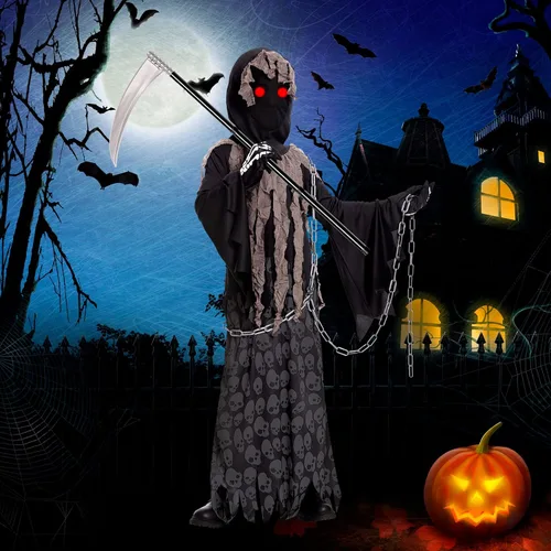 Vista 6 de Grim Reaper Costume for KidsPhantom Halloween Costume with Red Glowing EyesSkull Gloves Scythe included Black