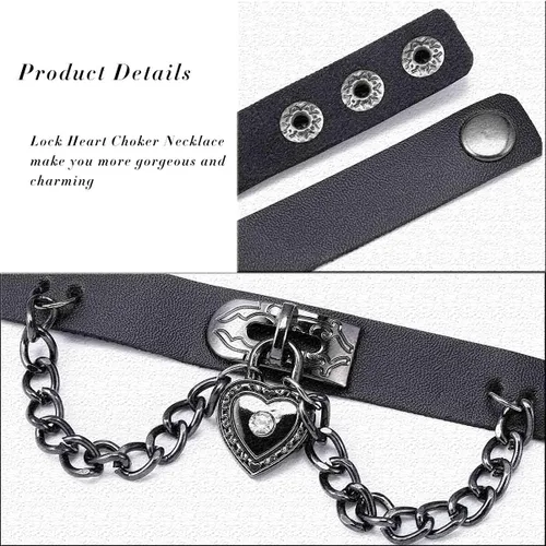 Vista 6 de Olbye Gargantilla de corazón con candado, collar corto de cuero negro, collar punk de poliuretano, collar de cosplay, cadena de eslabones gótico