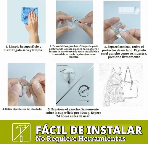 Vista 9 de Pequeños ganchos de pared de alambre transparente, 15 ganchos con 20 tiras