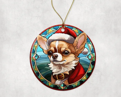 Vista 3 de Chihuahua - Adorno de cerámica de vitrales de Navidad, adorno colgante para árbol de Navidad, adorno de vitral de perro, adorno religioso