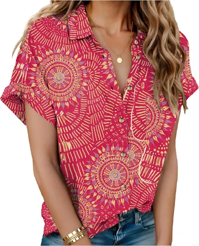 Vista 17 de HOTOUCH Camisas de Lino para Mujer con Botones Blusas de Manga Corta de Algodón Cuello en V con Cuello Tops de Gasa con Botones S-3XL
