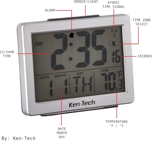 Vista 5 de Ken-Tech T-4652 - Reloj atómico LCD con radio control A, 1,5 pulgadas, luz azul negra