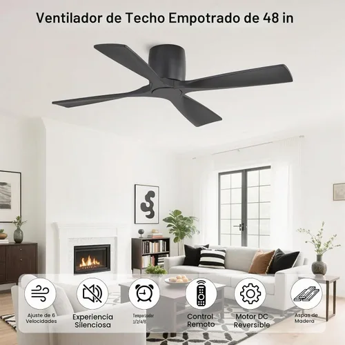 Vista 3 de WINGBO - Ventilador de techo sin luz - 48 pulgadas, ventilador de techo empotrado de madera sólida con control remoto, 4 aspas reversibles, motor DC