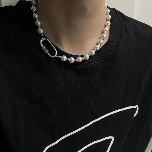 Vista 3 de Collar de perlas góticas para hombre, mosquetón de acero inoxidable punk, gargantilla de perlas unisex para mujeres