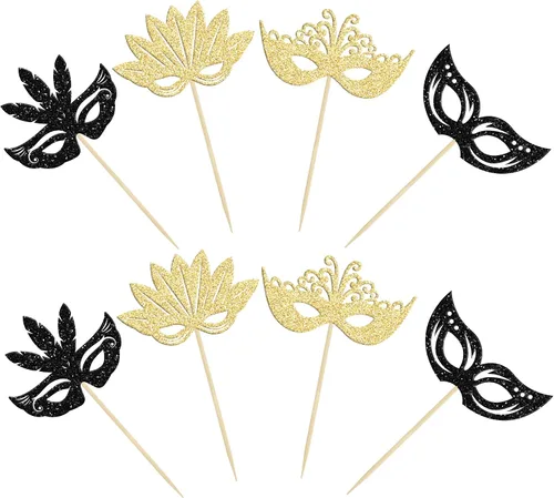 Vista 3 de 24 máscaras de mascarada, adornos para cupcakes, color negro y dorado con purpurina para despedida de soltera, para fiestas de cumpleaños, fiestas