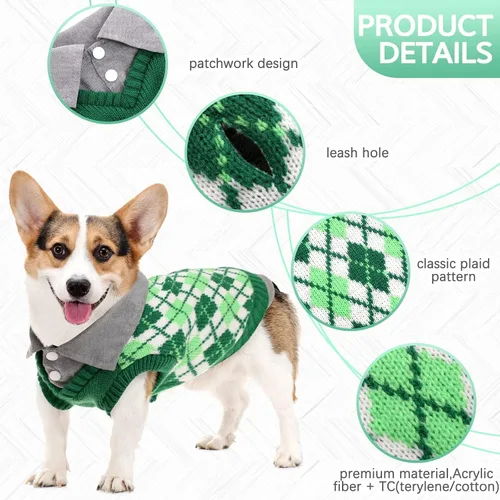 Vista 3 de Kuoser Suéter a cuadros para perro con agujero para arnés, color verde, talla S Polo Design Puppy Knitwear Fall Winter Sweater for Medium Dogs