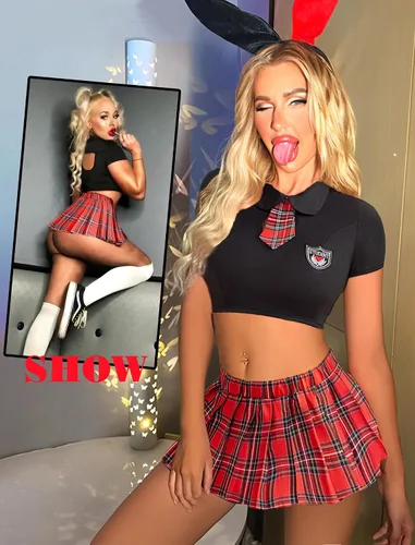Vista 2 de Avidlove Conjunto de lencería sexy para mujer, disfraz de 2 piezas con corbata superior y minifalda plisada