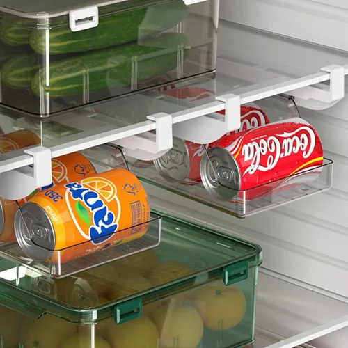 Vista 6 de Organizador de latas para cajón de refrigerador, estante extraíble colgante para refrescos, huevos, frutas, verduras, carne, contenedor transparente
