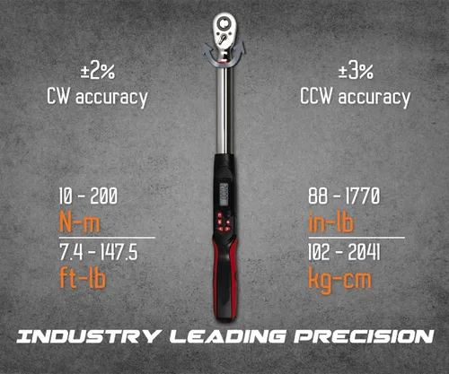 Vista 2 de Llave dinamométrica digital de 1/2 pulgada Tapha Tools, rango de torque 7.4-147.5 ft-lb (10-200 N-m), precisión ±2%, notificación LED y timbre