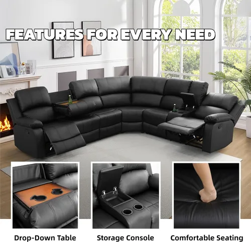 Vista 4 de Juego de sofá seccional reclinable manual, juegos de muebles de sala de estar de cuero regenerado en forma de L, sofá de esquina seccional