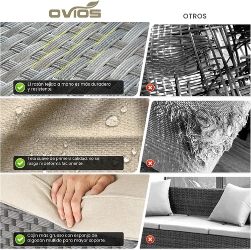 Vista 8 de ovios Juego de muebles de patio de 6 piezas, sofá seccional de mimbre para exteriores con mesa auxiliar, cómodos cojines, moderno sofá modular Beige
