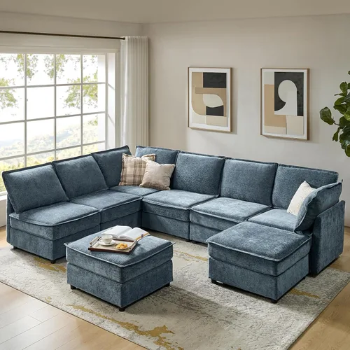 Vista 12 de HULALA HOME Sofá seccional modular, sofá grande en forma de U de 8 asientos con otomano de almacenamiento, sofá cómodo de chenilla con asiento
